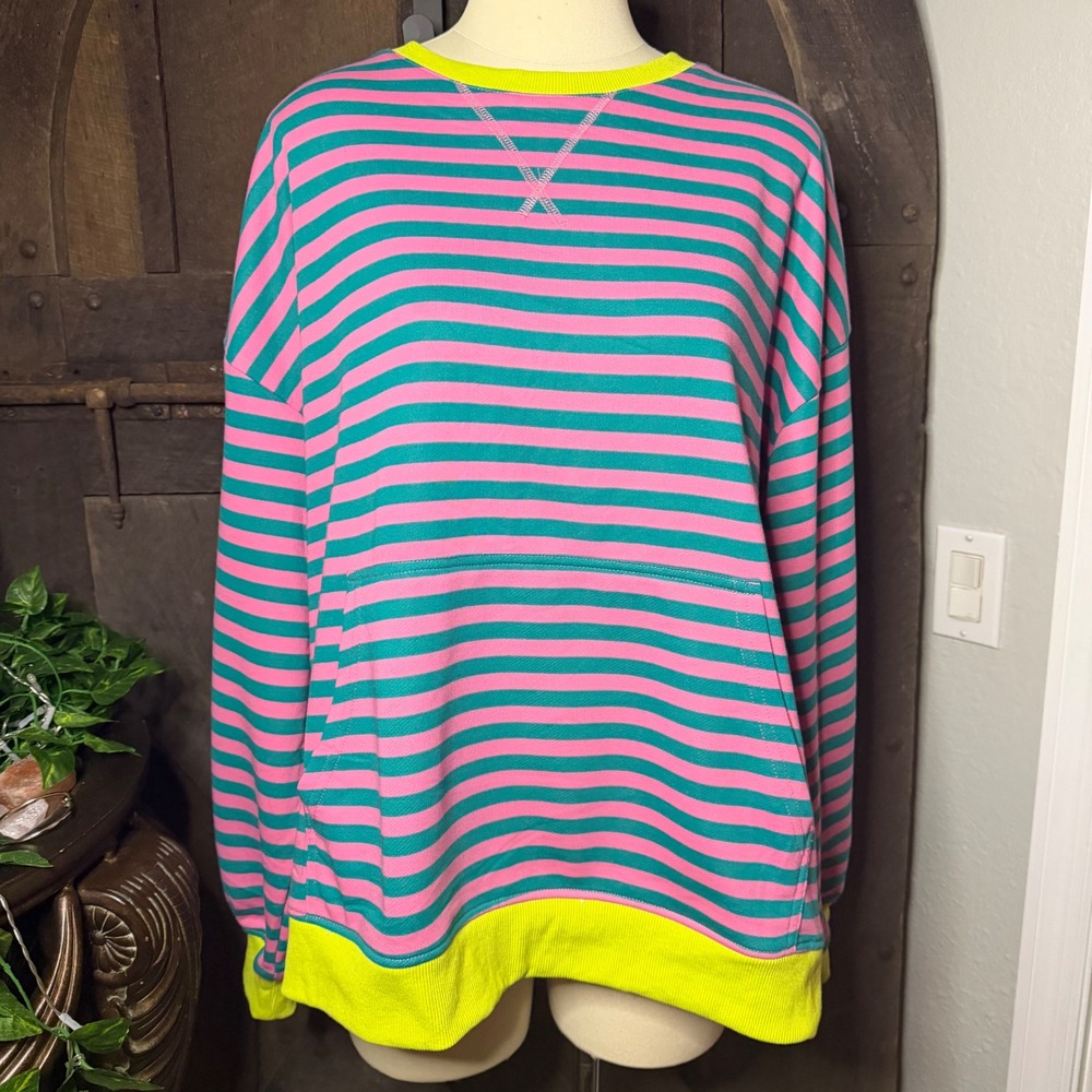 UEU Striped Oversized Sweatshirt Large Pink Turquoise Neon Colorblock Pullover